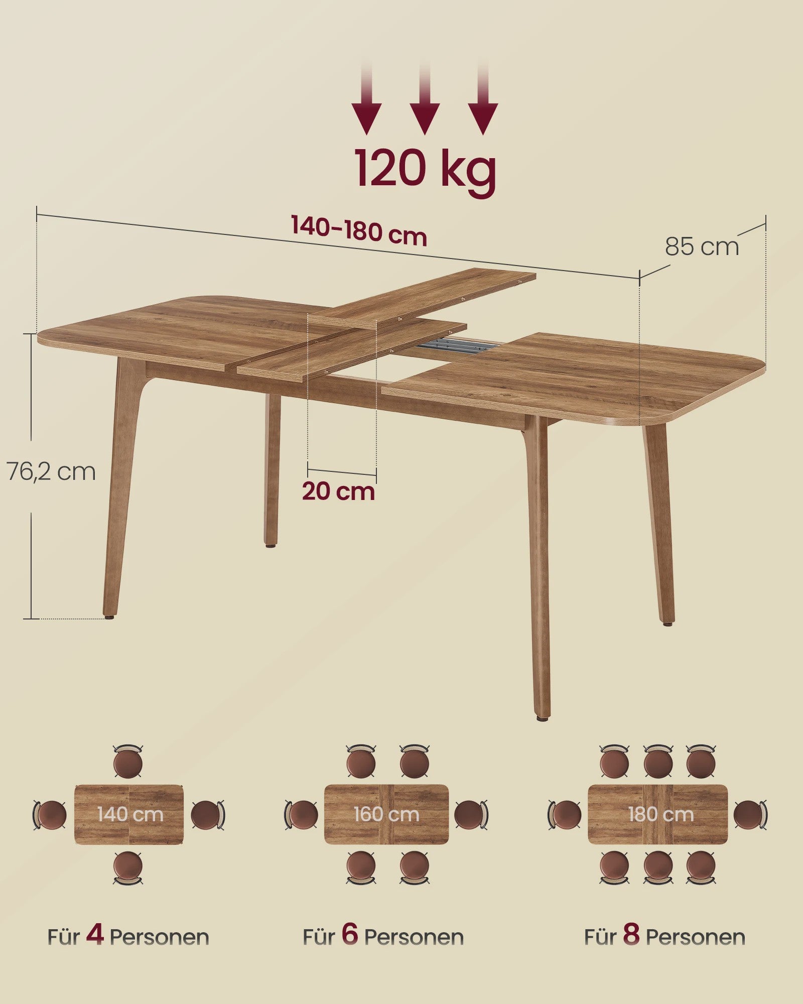 Uitschuifbare Eettafel voor 4-8 Personen - Houtkleurig - Verstelbaar tot 180 cm
