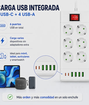 Universele Stekkerdoos met 6/8 Schuko Stopcontacten en 6 USB Poorten (C/A) - 2m Kabel, 2500W
