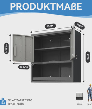 Grijze Metalen Wandkast met Slot, 1 Plank & 1 Open Lade - 75x77x30 cm