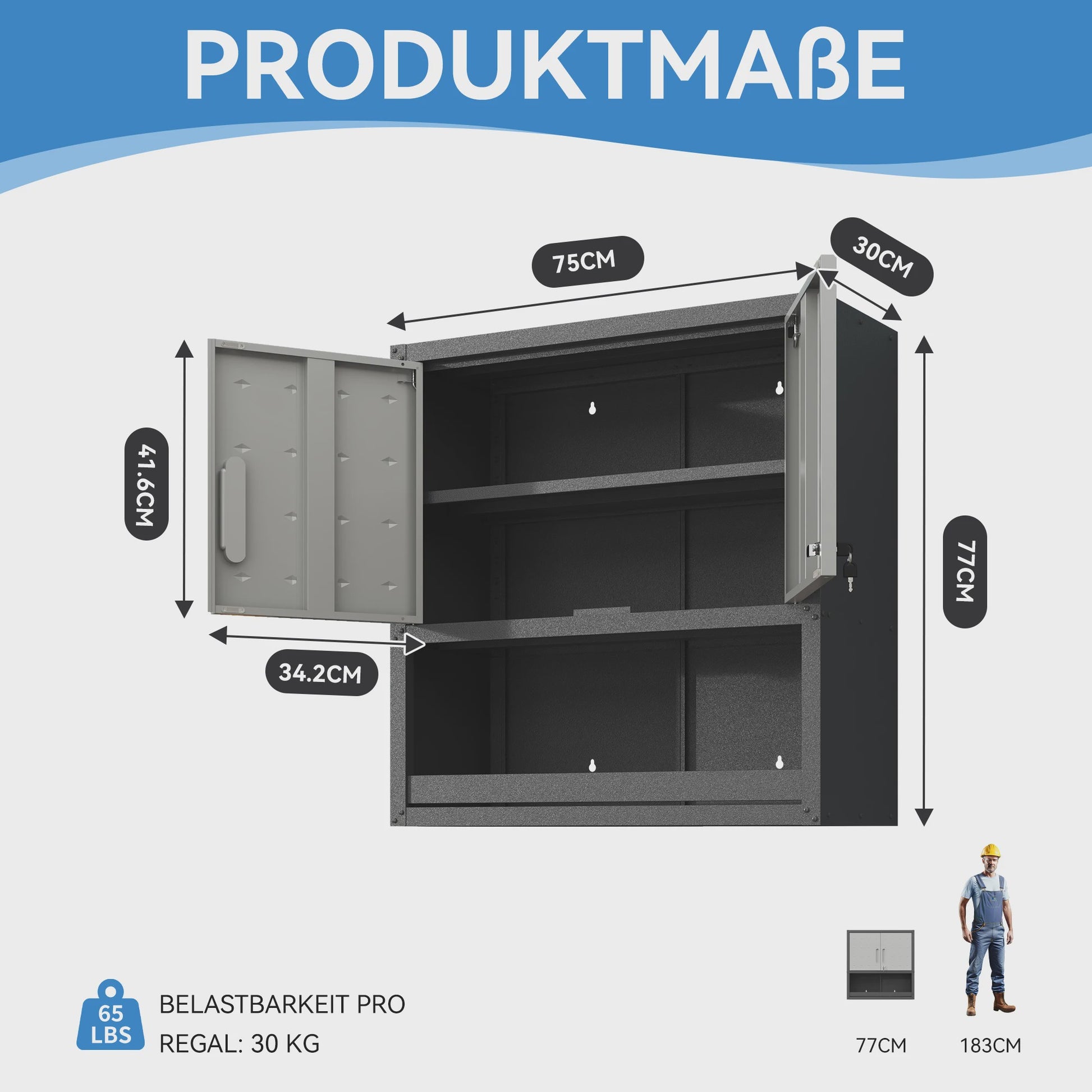 Grijze Metalen Wandkast met Slot, 1 Plank & 1 Open Lade - 75x77x30 cm