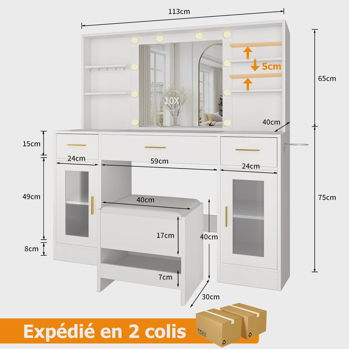 Luxe Kaptafel met Spiegel, Verlichting, Stopcontact & Kruk - Wit