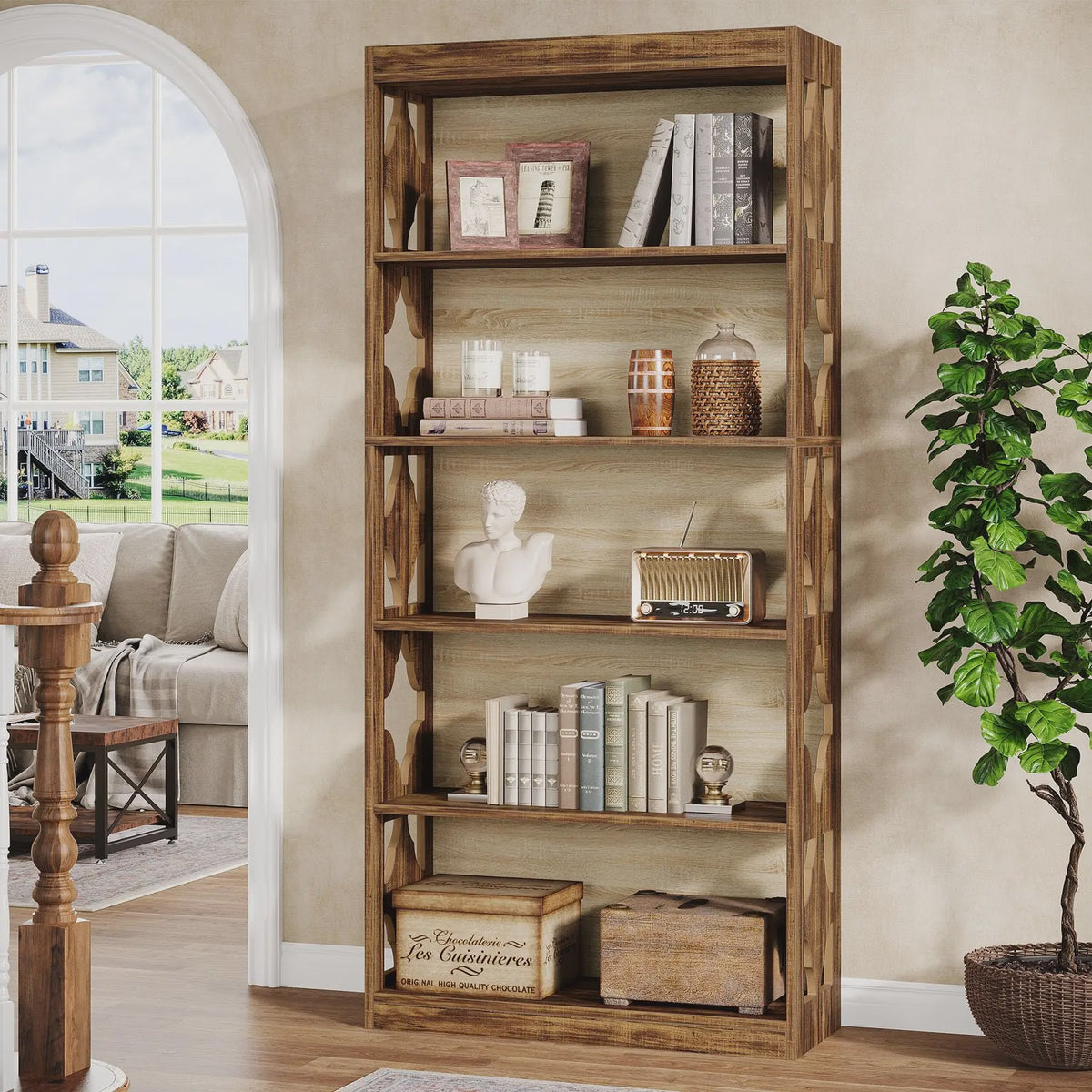 Tribesigns Hoge Boekenkast met 6 Niveaus - Rustiek Houtnerf Design