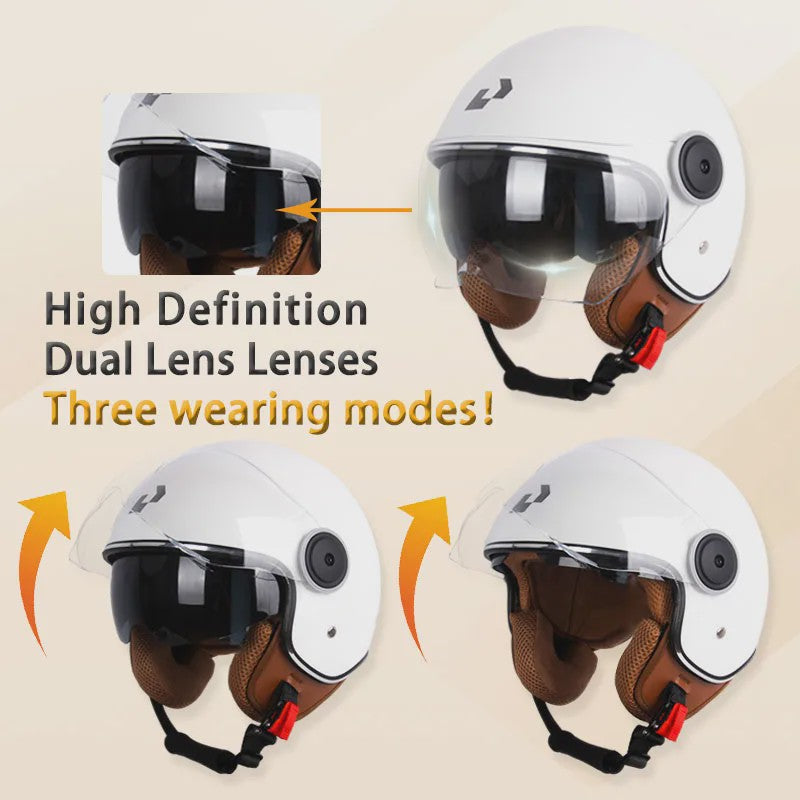 Vintage Open Motorhelm met Dubbel Vizier - DOT Gecertificeerd, Retro Stijl