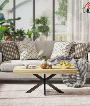 Industriële Rechthoekige Salontafel - Zwart Metaal & Houtlook - 110x60x45cm