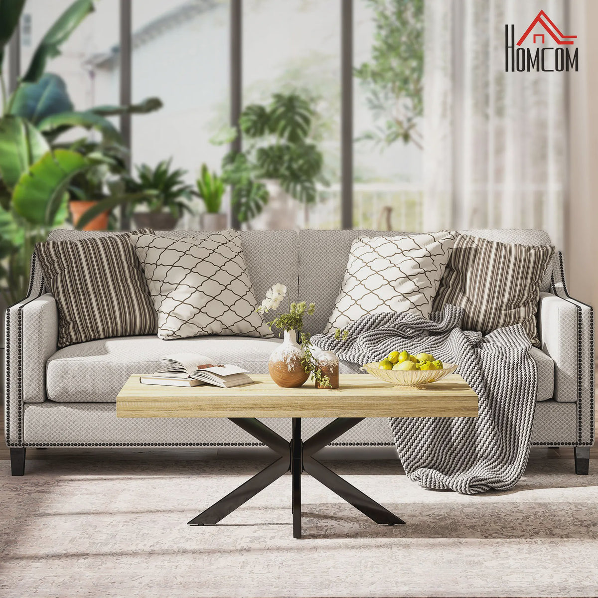 Industriële Rechthoekige Salontafel - Zwart Metaal & Houtlook - 110x60x45cm