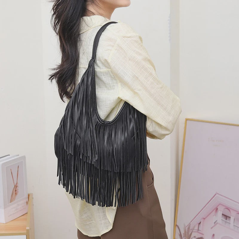 Luxe Dames Schoudertas met Lange Franjes - Zacht PU Leer, Casual Hobo Tote