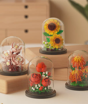 Bloemen Boeket Bonsai Bouwstenen Set - Decoratieve Miniatuur Plant in Glazen Koepel