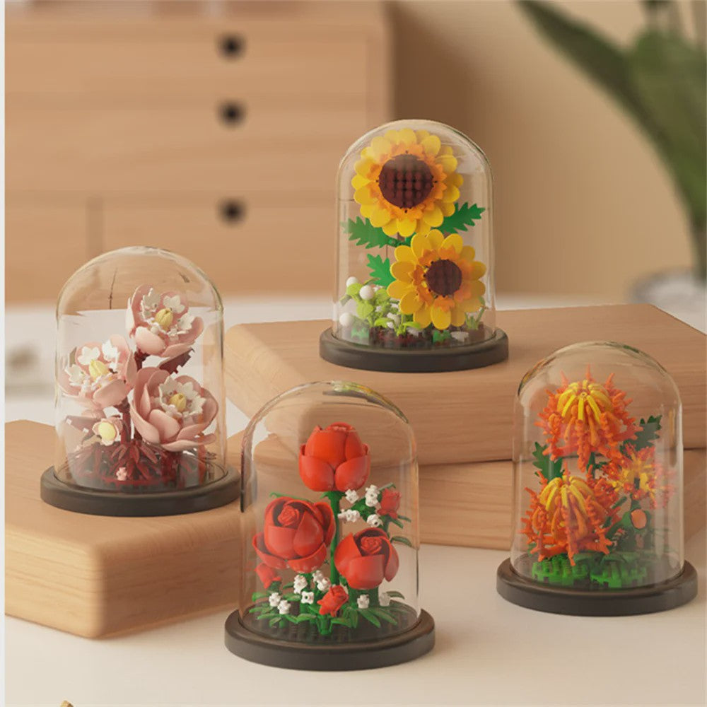 Bloemen Boeket Bonsai Bouwstenen Set - Decoratieve Miniatuur Plant in Glazen Koepel