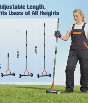 Detachable Lawn Rake With Roller Garden Courtyard Grass Rake Lawn Maintenance Tool With Gloves, 33 Gallons Garbage Bag