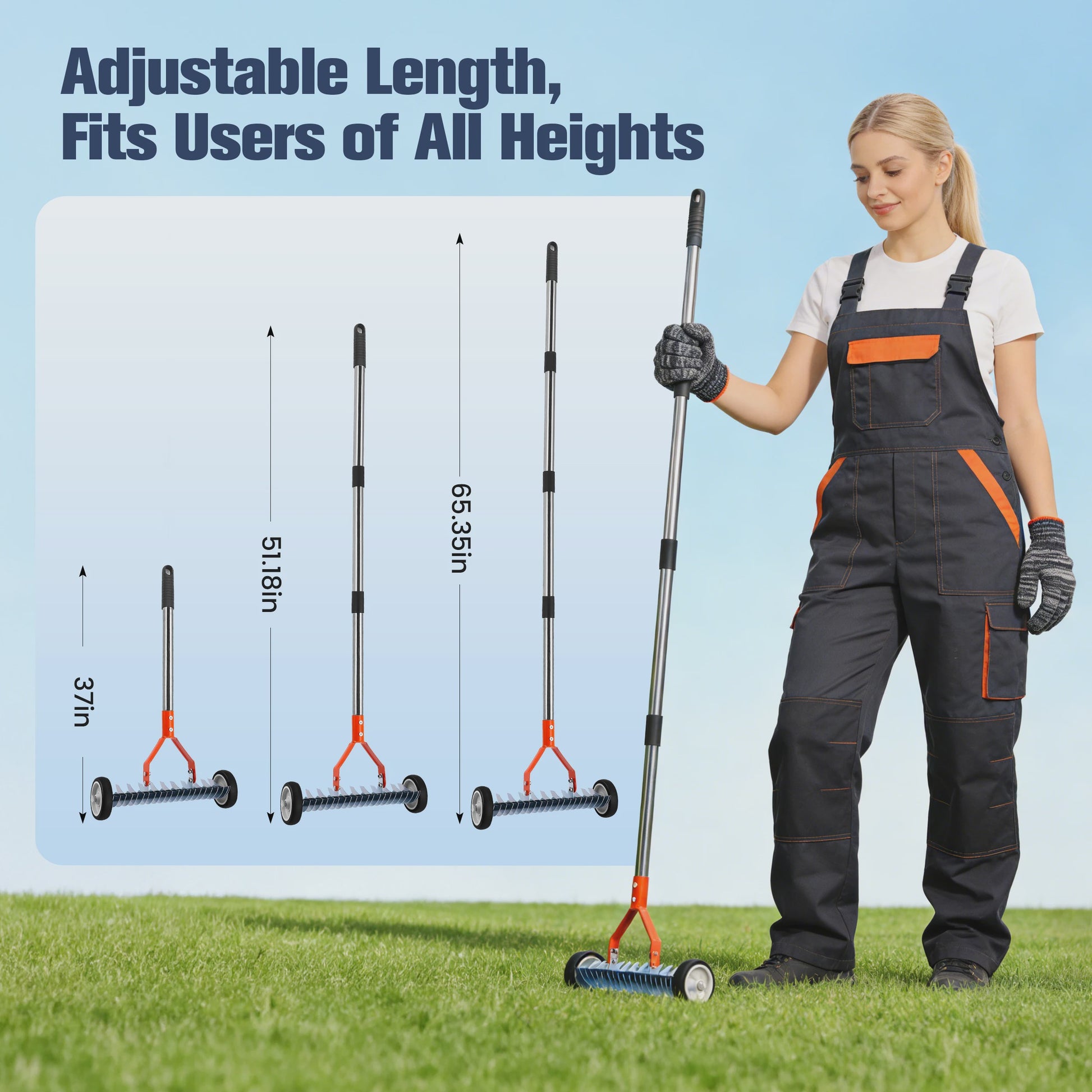 Detachable Lawn Rake With Roller Garden Courtyard Grass Rake Lawn Maintenance Tool With Gloves, 33 Gallons Garbage Bag