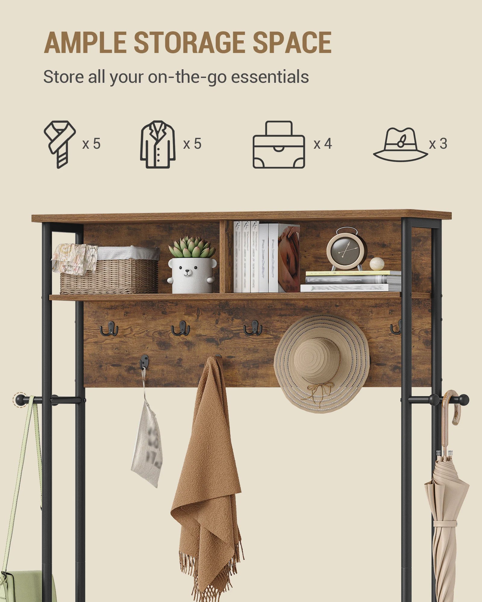 Kapstok met Schoenbank en 14 Open Vakken - Halmeubel met Haken