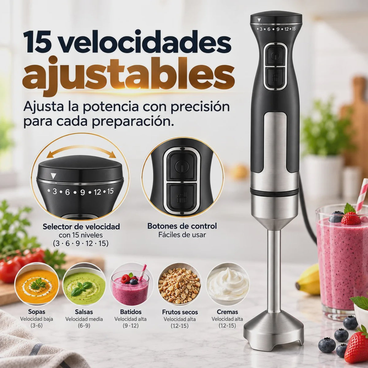 Krachtige 1000W Handmixer met 15 Snelheden, Turbo & RVS Steel - Perfect voor Soepen, Sauzen en Smoothies. Ergonomisch & 95cm Snoer.