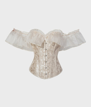 Beige Jacquard Off-Shoulder Corset Top met Ruches en Vetersluiting - Feestelijk & Chic