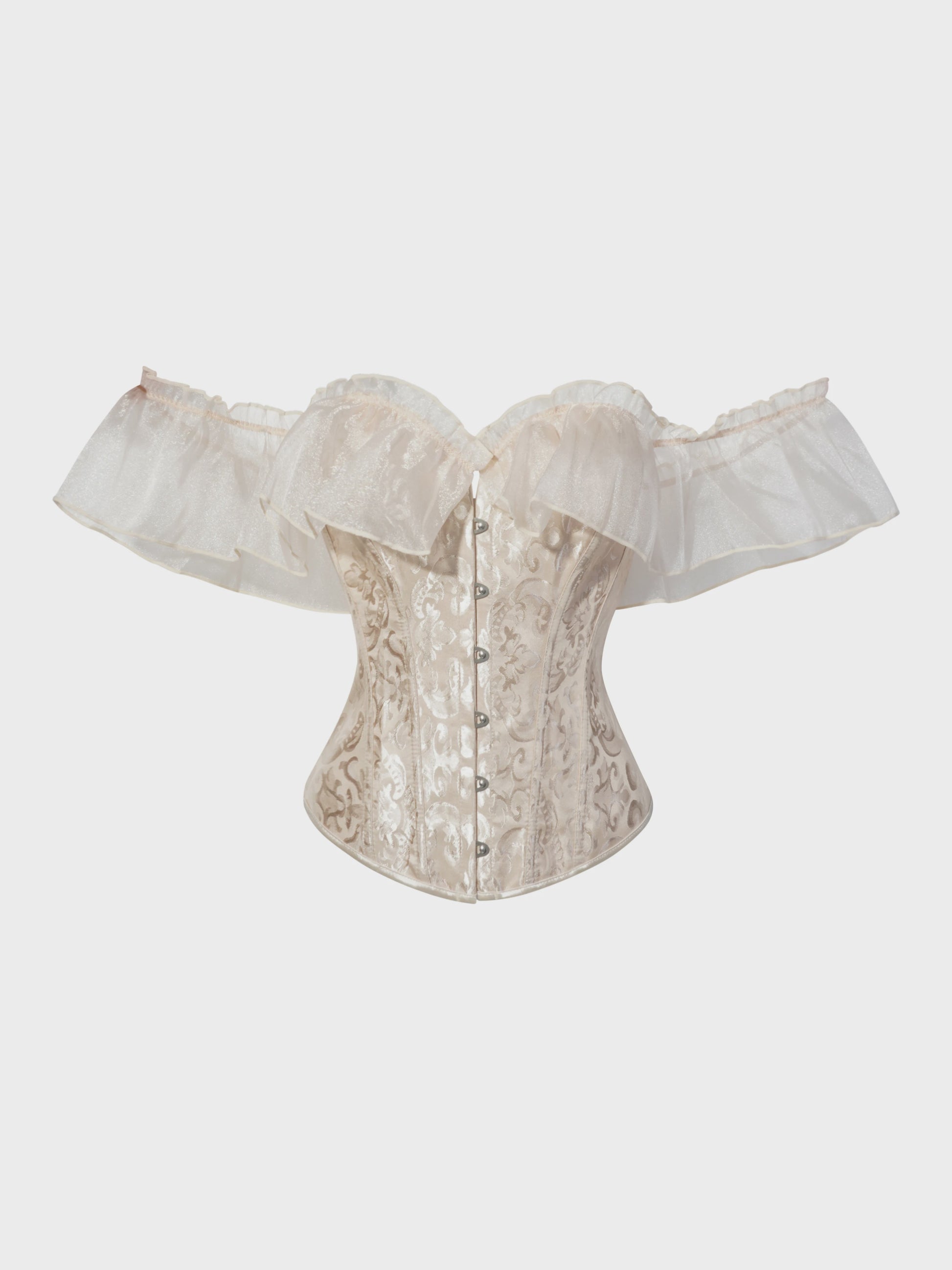 Beige Jacquard Off-Shoulder Corset Top met Ruches en Vetersluiting - Feestelijk & Chic