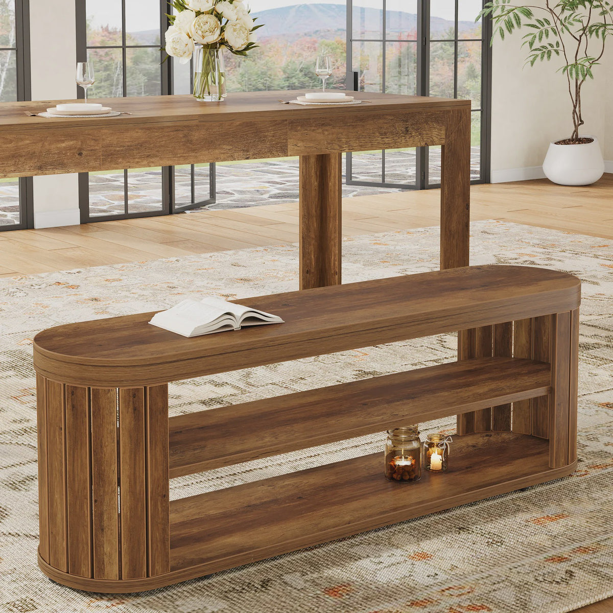 Houten Entree Bank met Schoenopslag - 47.2" - Farmhouse Stijl - Verstelbare Voetjes