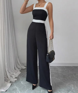 Elegante Zwart-Witte Jumpsuit met Vierkante Hals en Contrastrand - Feestelijke Stijl