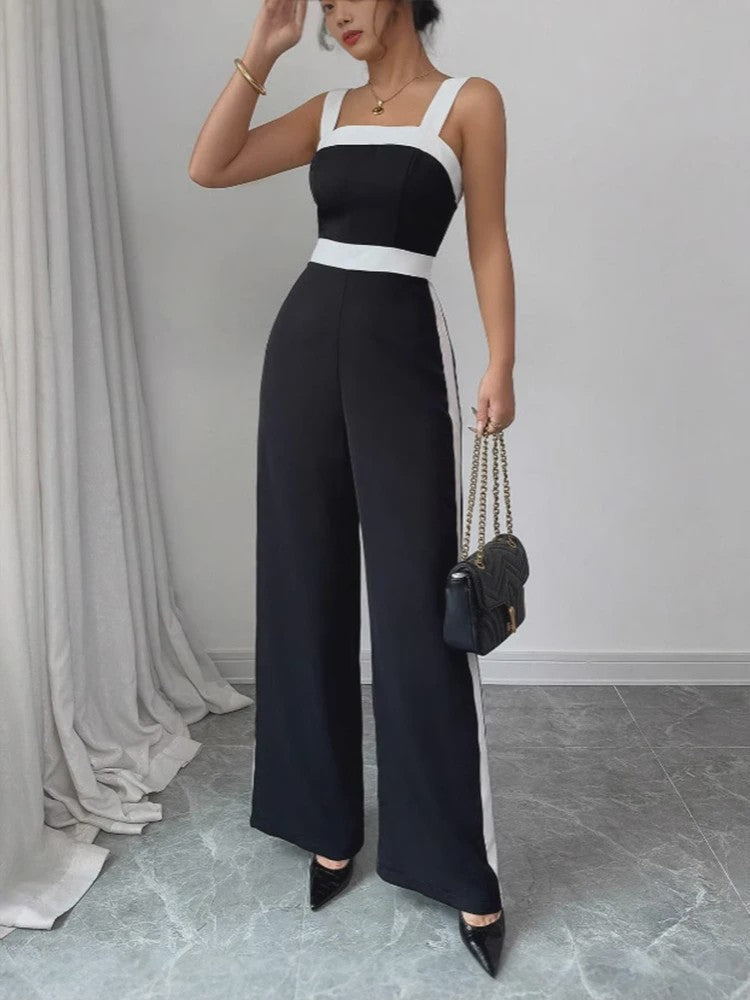 Elegante Zwart-Witte Jumpsuit met Vierkante Hals en Contrastrand - Feestelijke Stijl