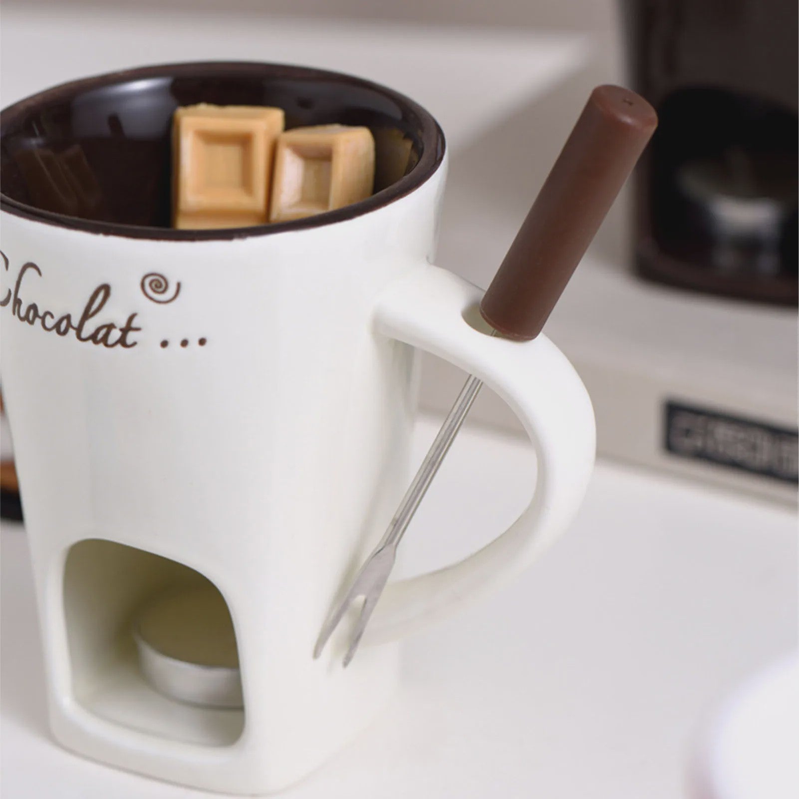 Chocolade Smeltmok met Vork - Keramische Fondue Beker voor Smelten en Warmer Houden