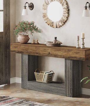 Lange Console Tafel 63 Inch - Farmhouse Entree Tafel met U-Vormige Basis en Onderste Plank