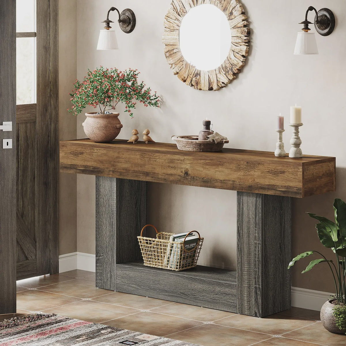 Lange Console Tafel 63 Inch - Farmhouse Entree Tafel met U-Vormige Basis en Onderste Plank