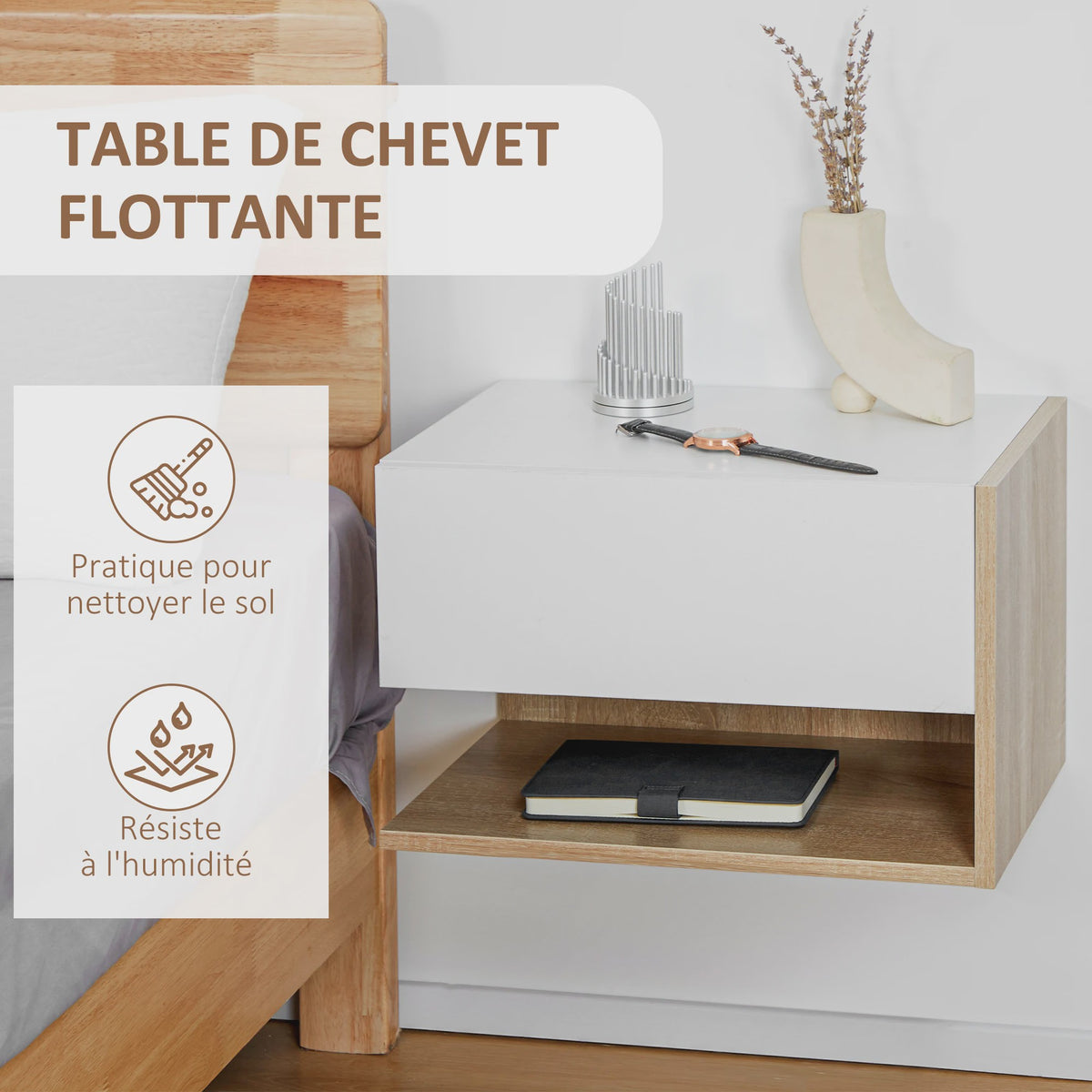 Set van 2 Nachtkastjes Zwevend - Wandmontage - Met Lade en Open Vak - Tweekleurig Houtlook