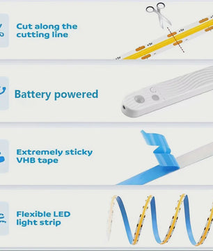 COB LED Strip met PIR Bewegingssensor - Flexibel, Zelfklevend, Batterijgevoed (5V)