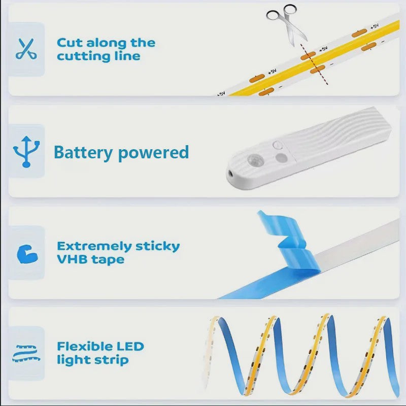 COB LED Strip met PIR Bewegingssensor - Flexibel, Zelfklevend, Batterijgevoed (5V)