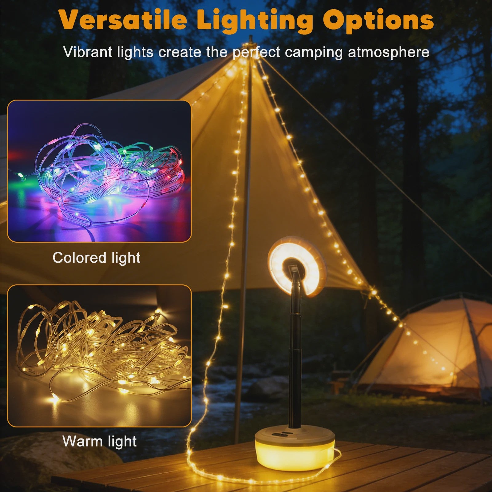 2-in-1 Campinglamp met Sfeervolle Lichtketting - Draagbaar & USB Oplaadbaar