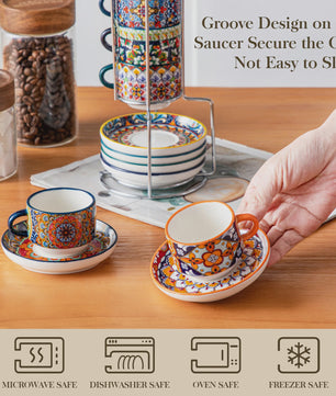 Bohemian Porseleinen Koffiekopjes met Schotels en Metalen Standaard - Set van 6/12