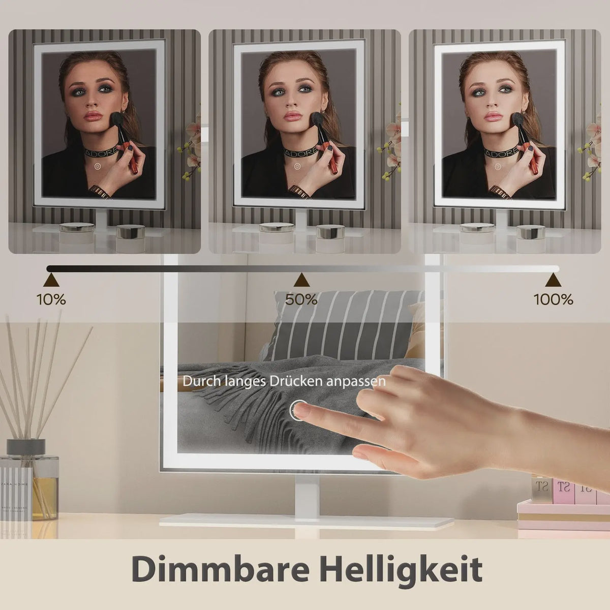 Verstelbare LED Make-up Spiegel met 3 Kleuren, Dimbaar Licht en 10x Vergroting (25x34cm)