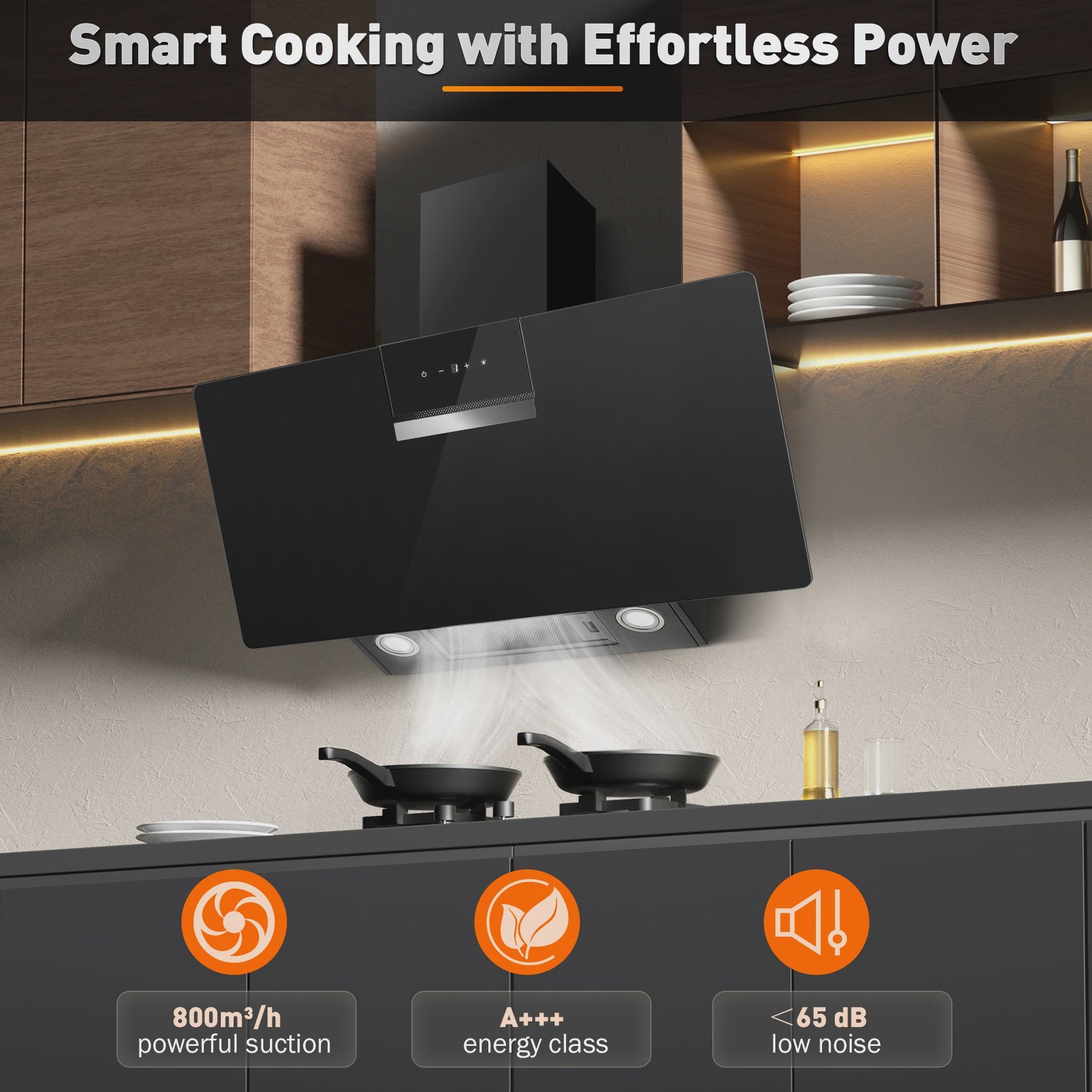 90cm Zwarte Wandafzuigkap met LED, Touch Control en 800m³/h - Energieklasse A+++