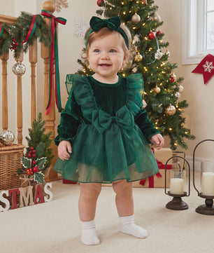 Baby Meisjes Kerst Romper Jurk met Lange Mouwen, Ruches, Tule en Hoofdband