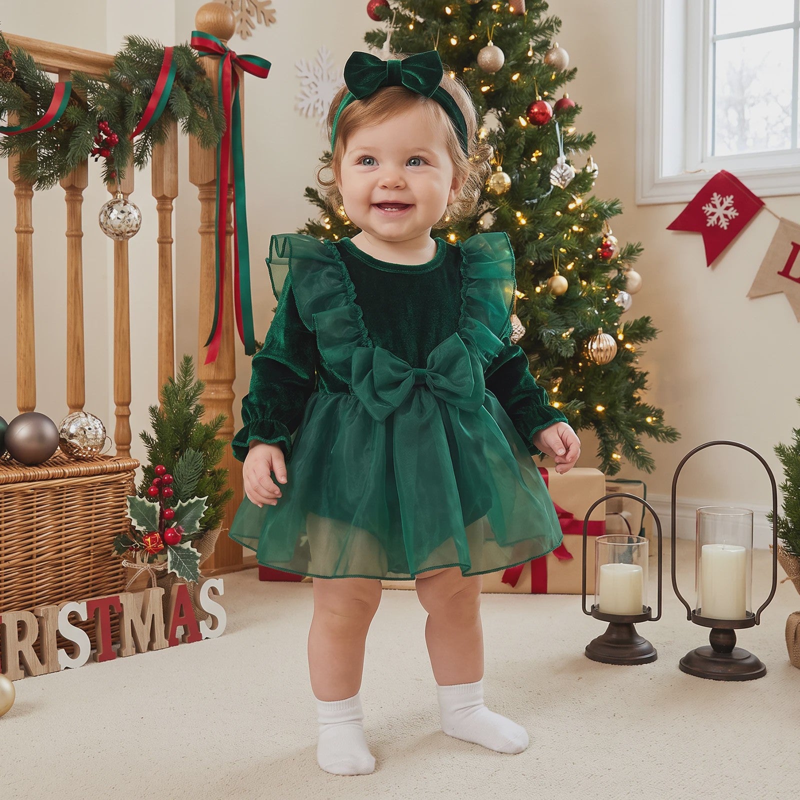 Baby Meisjes Kerst Romper Jurk met Lange Mouwen, Ruches, Tule en Hoofdband