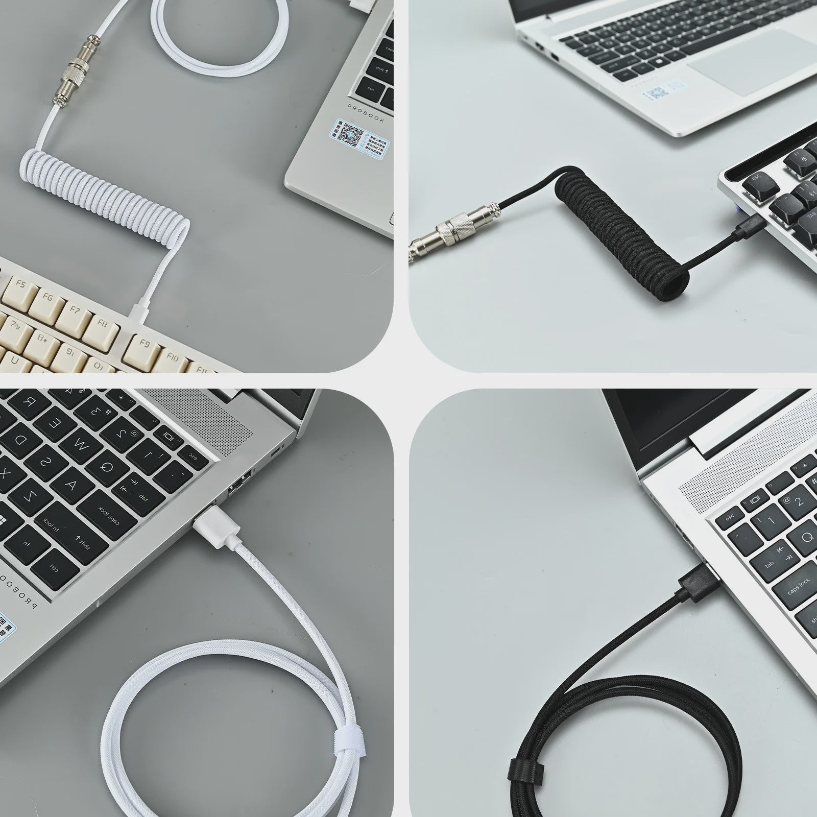 Coiled USB-C naar USB-A Keyboard Kabel met Afneembare Aviator Connector - Dubbel Sleeved