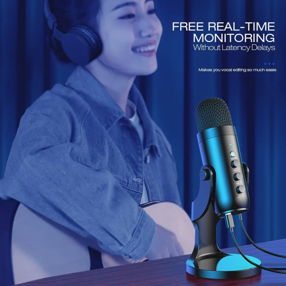 Haomuren USB Condenser Microfoon voor PC, Mac, Gaming, Streaming & Podcasts - Met Telefoon Adapter & Koptelefoon Uitgang