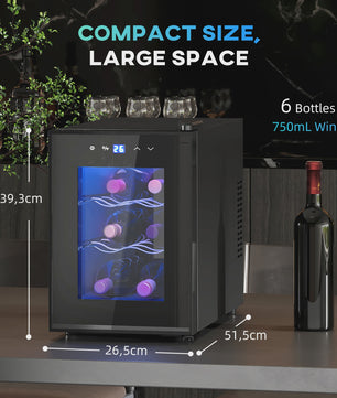 Compacte Wijnkoelkast voor 6 Flessen met LED-verlichting en Instelbare Temperatuur