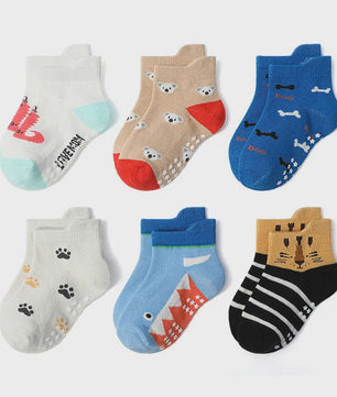 6 Paar Katoenen Kindersokken met Antislip & Leuke Dierenprints - Perfect voor Peuters en Jongens, het Hele Jaar Door