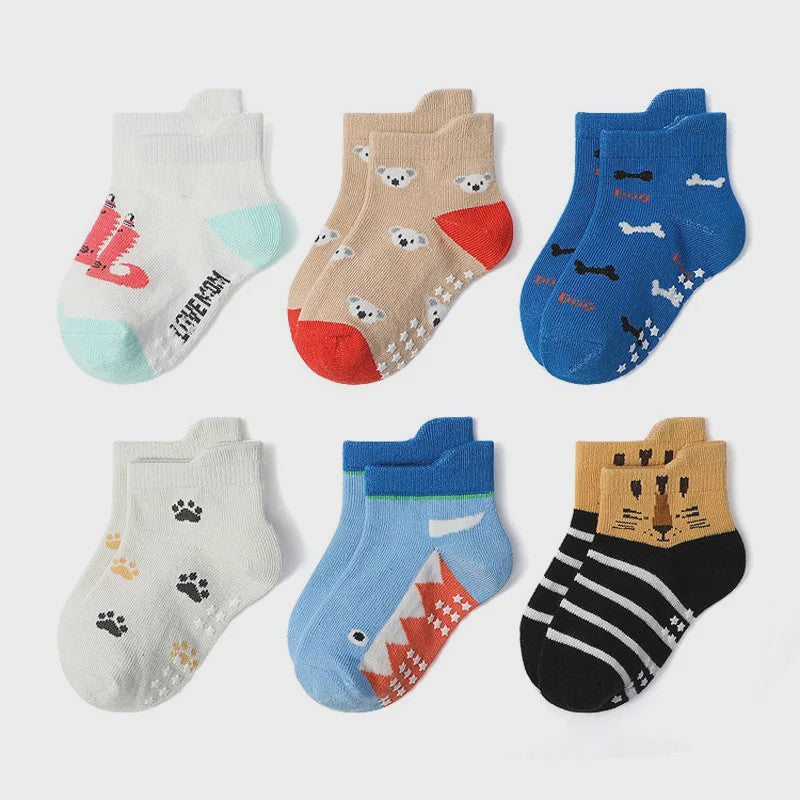 6 Paar Katoenen Kindersokken met Antislip & Leuke Dierenprints - Perfect voor Peuters en Jongens, het Hele Jaar Door