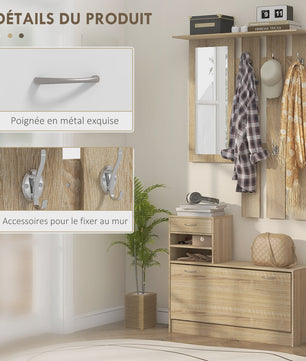HOMCOM 3-in-1 Entree Meubelset: Kapstok, Spiegel & Schoenbank met 6 Haken en Verstelbare Plank - Natuurlijk Houtdecor