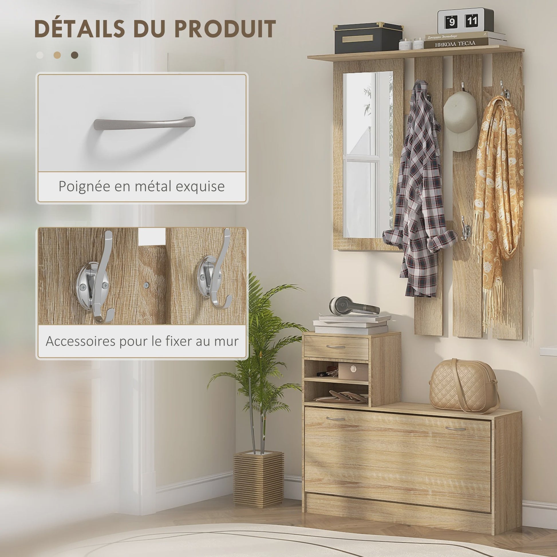 HOMCOM 3-in-1 Entree Meubelset: Kapstok, Spiegel & Schoenbank met 6 Haken en Verstelbare Plank - Natuurlijk Houtdecor