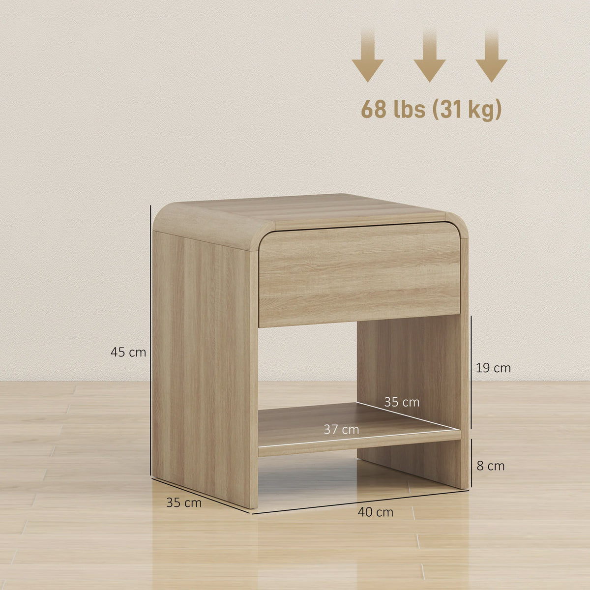 Set van 2 Scandinavische Nachtkastjes met Ronde Hoeken, Lade en Open Vak - 40x35x45 cm Naturel