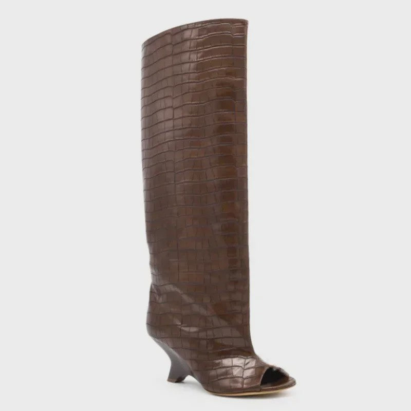 Dames Laarzen met Peep-toe, Hoge Schuine Hak en Kniehoge Schacht - Zomer/Lente Collectie