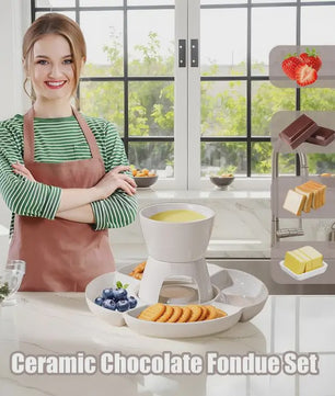 Keramische Fondue Set met Dienblad en Vorken - Voor Kaas, Chocolade en Snacks