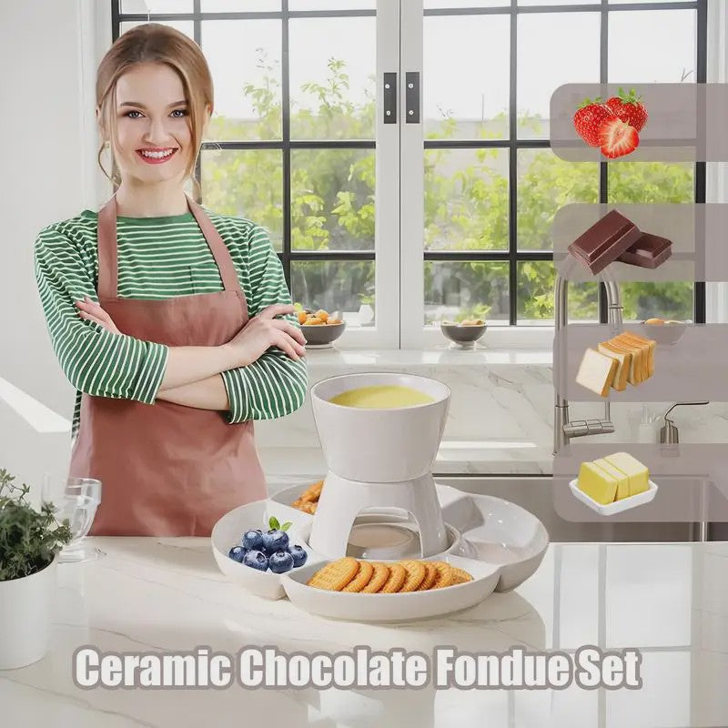 Keramische Fondue Set met Dienblad en Vorken - Voor Kaas, Chocolade en Snacks