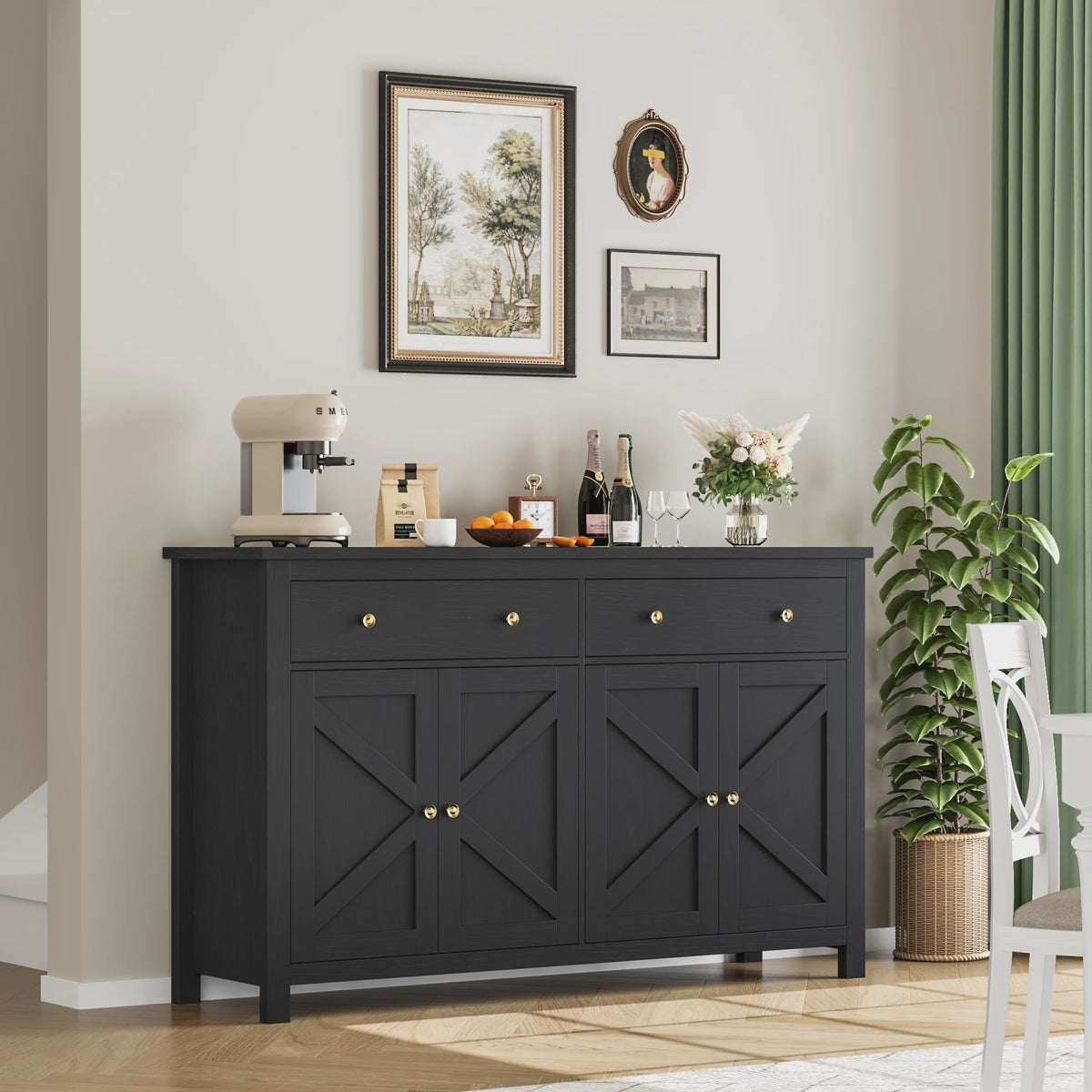 Stijlvol Wit Dressoir 140cm met Houten Top - Ruime Opbergkast voor Woon- en Eetkamer