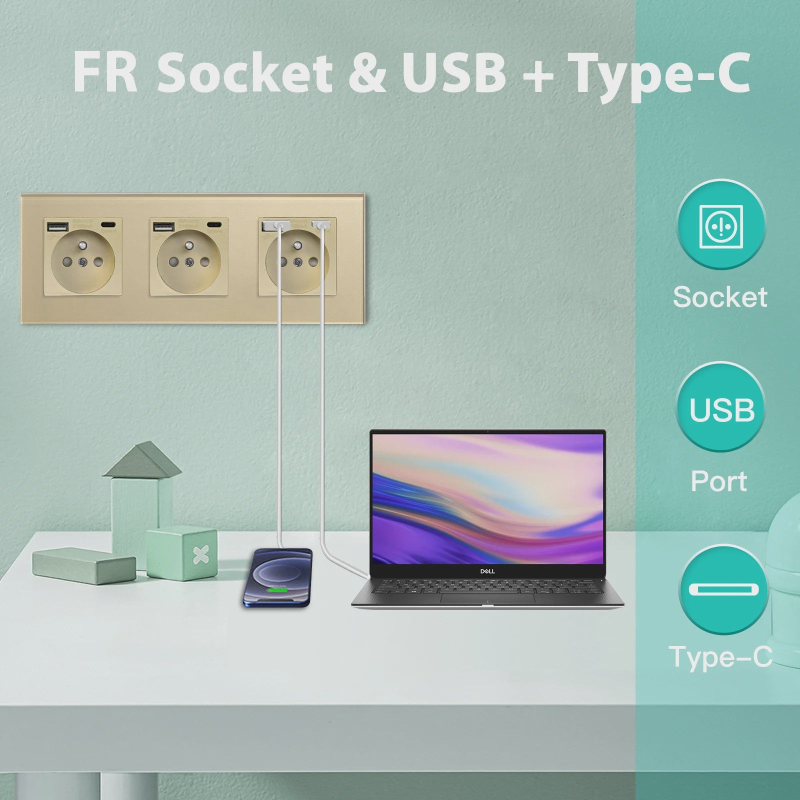BSEED Wandcontactdoos met Dubbele USB & Type-C Poorten - Stijlvol Glazen Frame