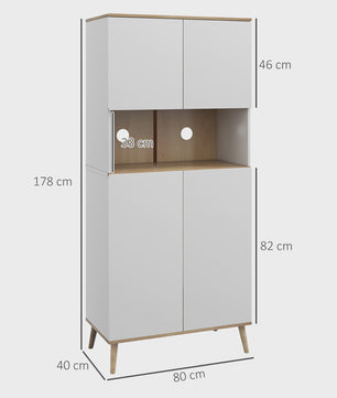 Keukenkast met 4 Deuren, Magnetronruimte, Verstelbare Planken en Houten Poten - Wit