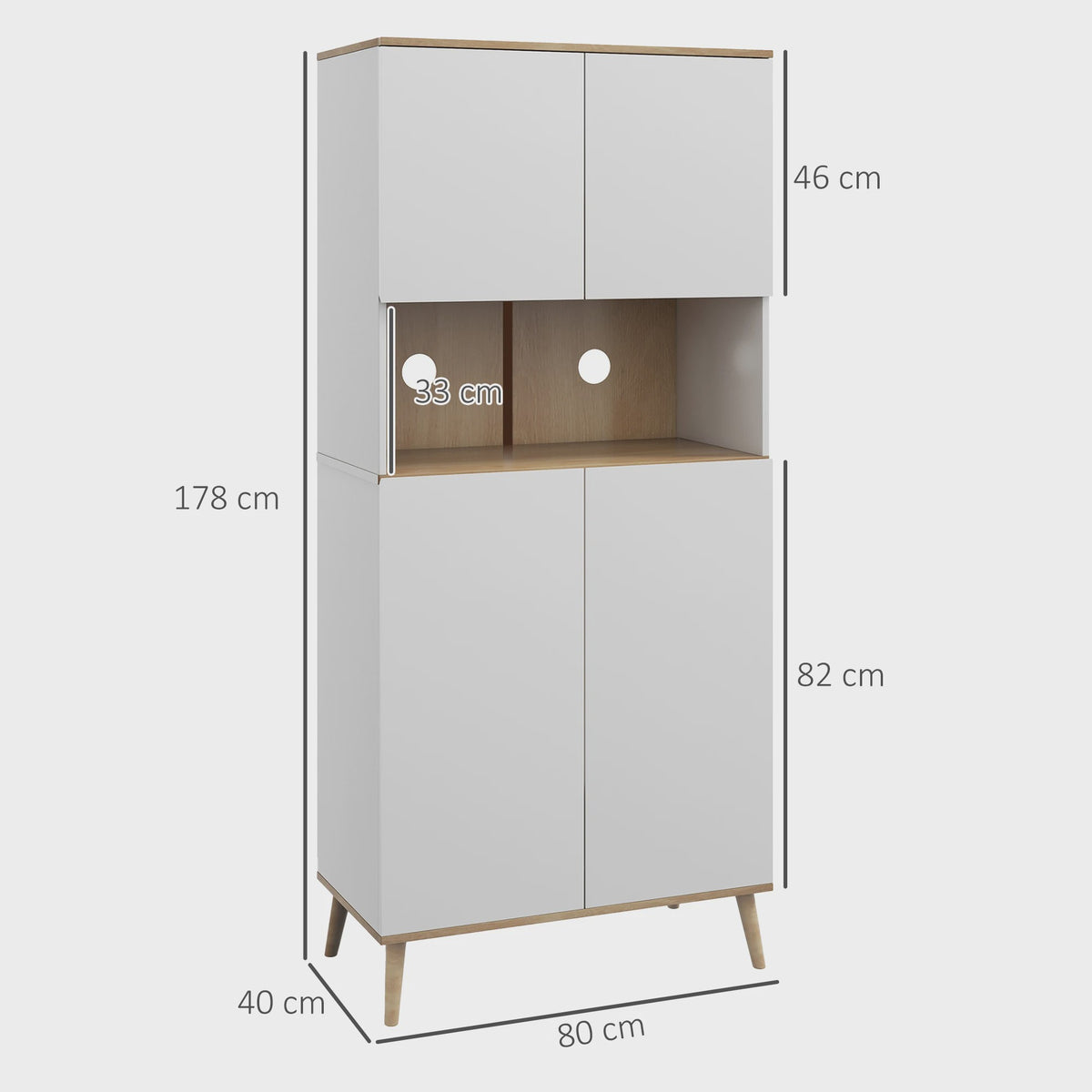 Keukenkast met 4 Deuren, Magnetronruimte, Verstelbare Planken en Houten Poten - Wit