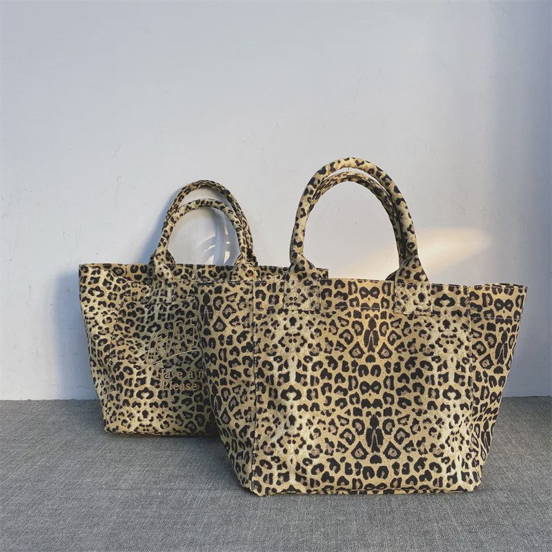 Unisex Canvas Shopper met Luipaardprint en Borduring - Stijlvolle Tote Bag voor Dagelijks Gebruik