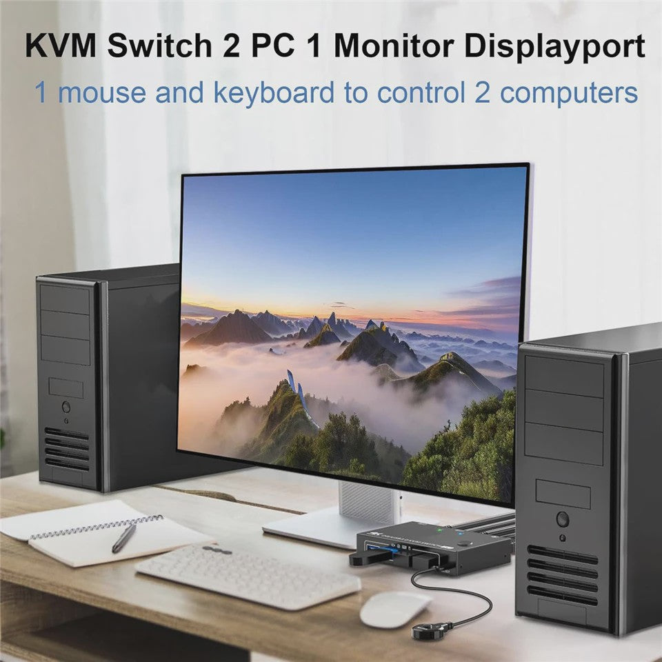Navceker 2-Poorts DisplayPort KVM Switch: 8K 60Hz, 4K 240Hz, USB 3.0 - Deel 1 Monitor & 4 Apparaten